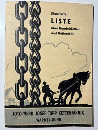 Illustrierte Liste über Handelsketten und Kettenteile des JOTO Werks Josef Topp Kettenfabrik, 1. April 1958
