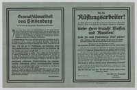 "Generalfeldmarschall von Hindenburg // An die Rüstungsarbeiter!"